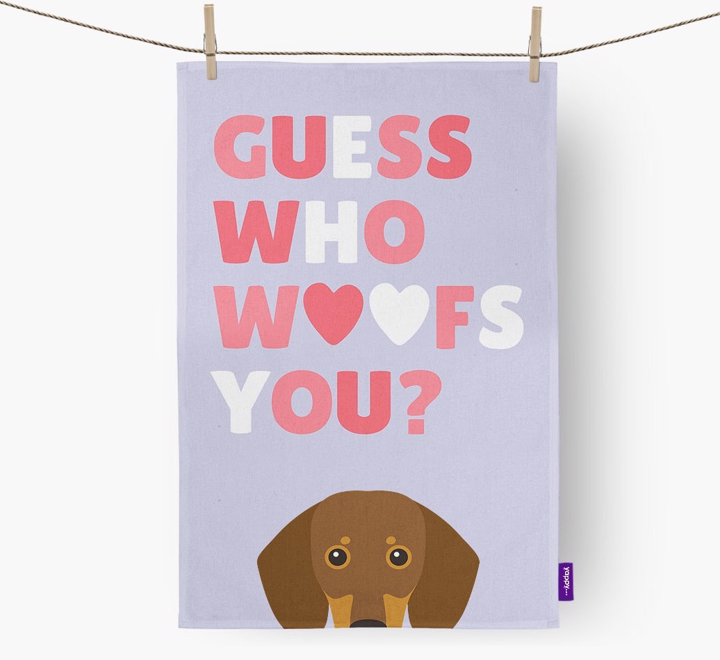 'Guess Who Woofs You?' Tea Towel with {breedFullName} Icon