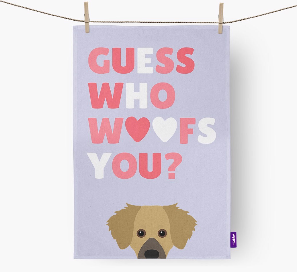 'Guess Who Woofs You?' Tea Towel with {breedFullName} Icon