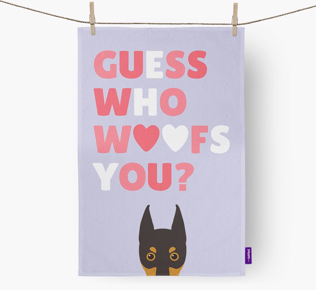 'Guess Who Woofs You?' Tea Towel with {breedFullName} Icon