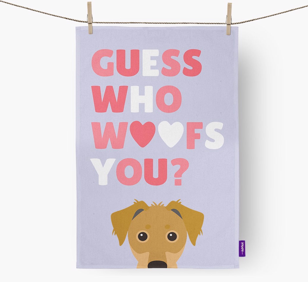 'Guess Who Woofs You?' Tea Towel with {breedFullName} Icon