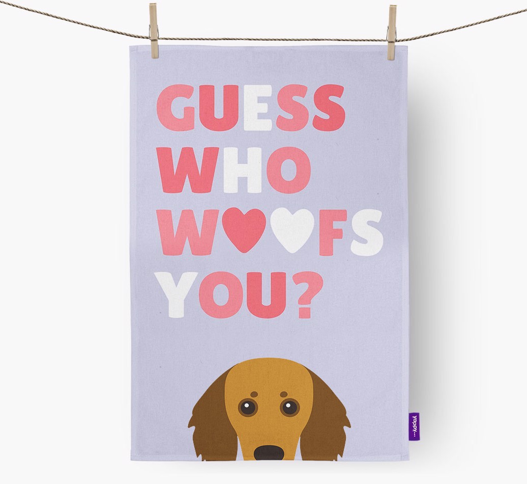 'Guess Who Woofs You?' Tea Towel with {breedFullName} Icon
