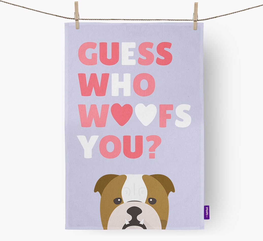 'Guess Who Woofs You?' Tea Towel with {breedFullName} Icon