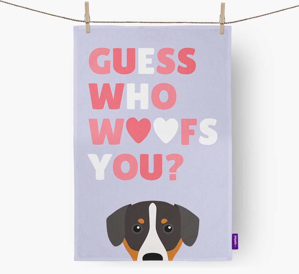 'Guess Who Woofs You?' Dish Towel with {breedFullName} Icon
