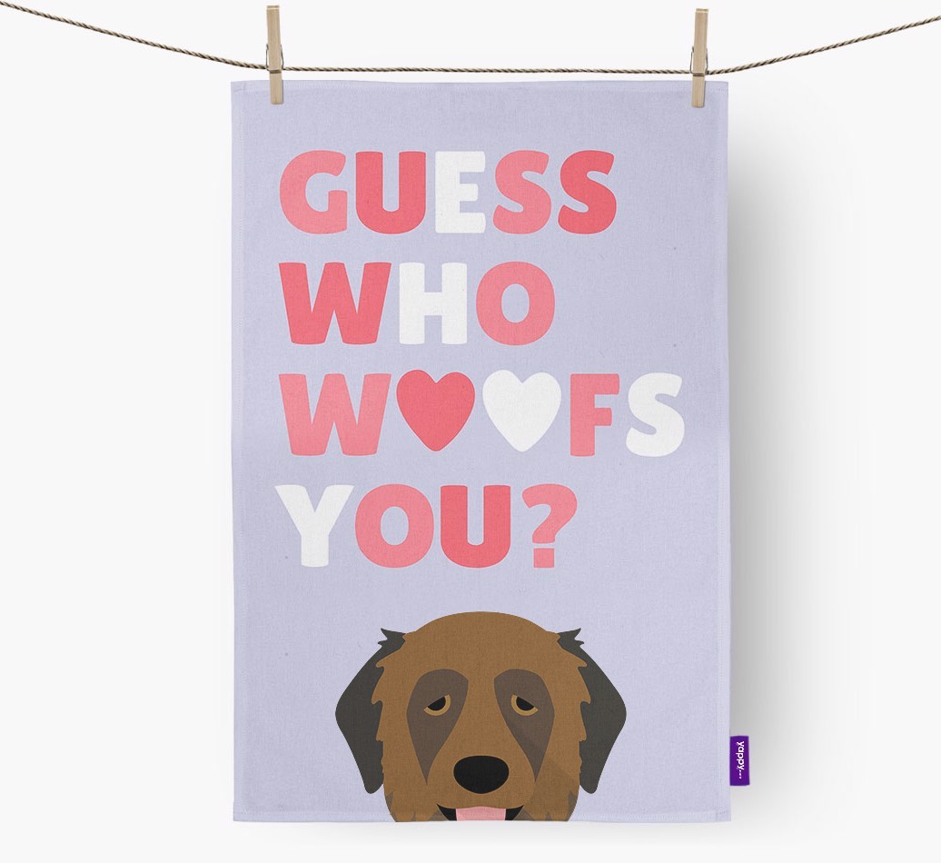 'Guess Who Woofs You?' Tea Towel with {breedFullName} Icon
