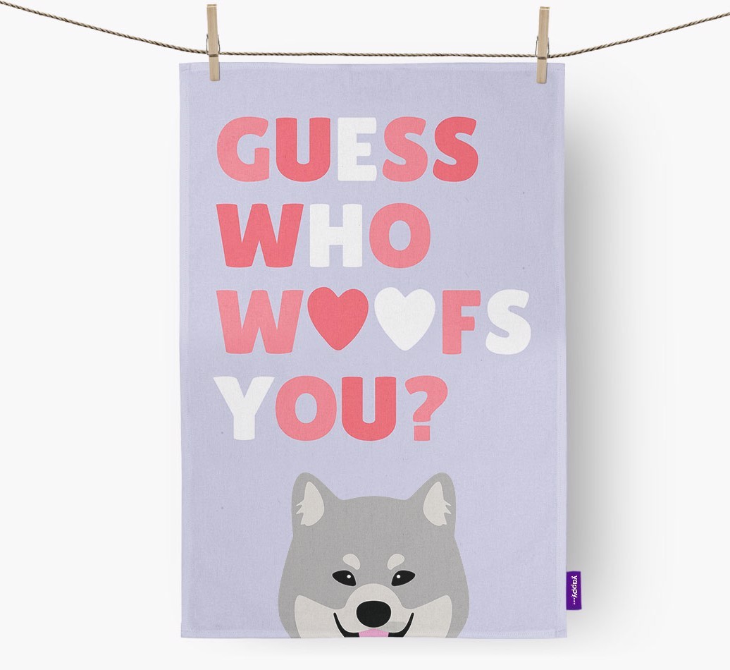 'Guess Who Woofs You?' Tea Towel with {breedFullName} Icon