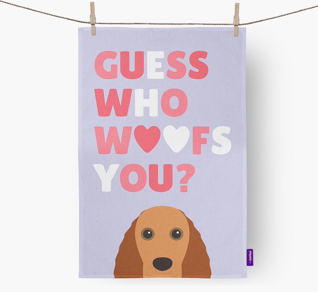 'Guess Who Woofs You?' Tea Towel with {breedFullName} Icon