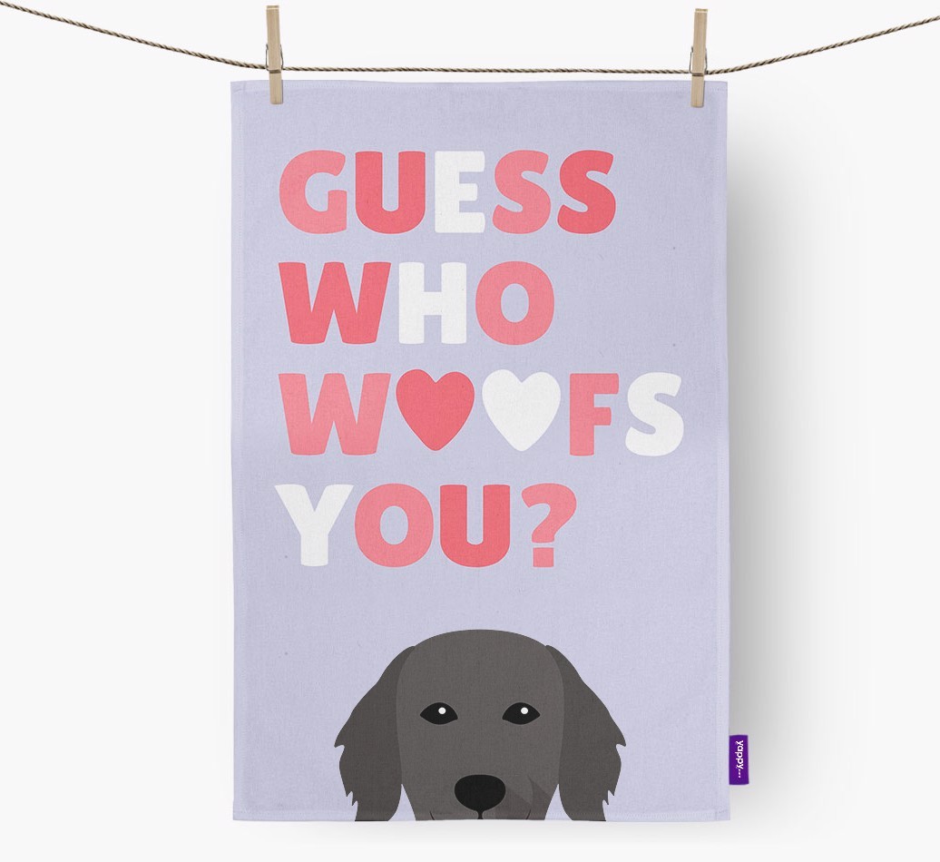 'Guess Who Woofs You?' Tea Towel with {breedFullName} Icon