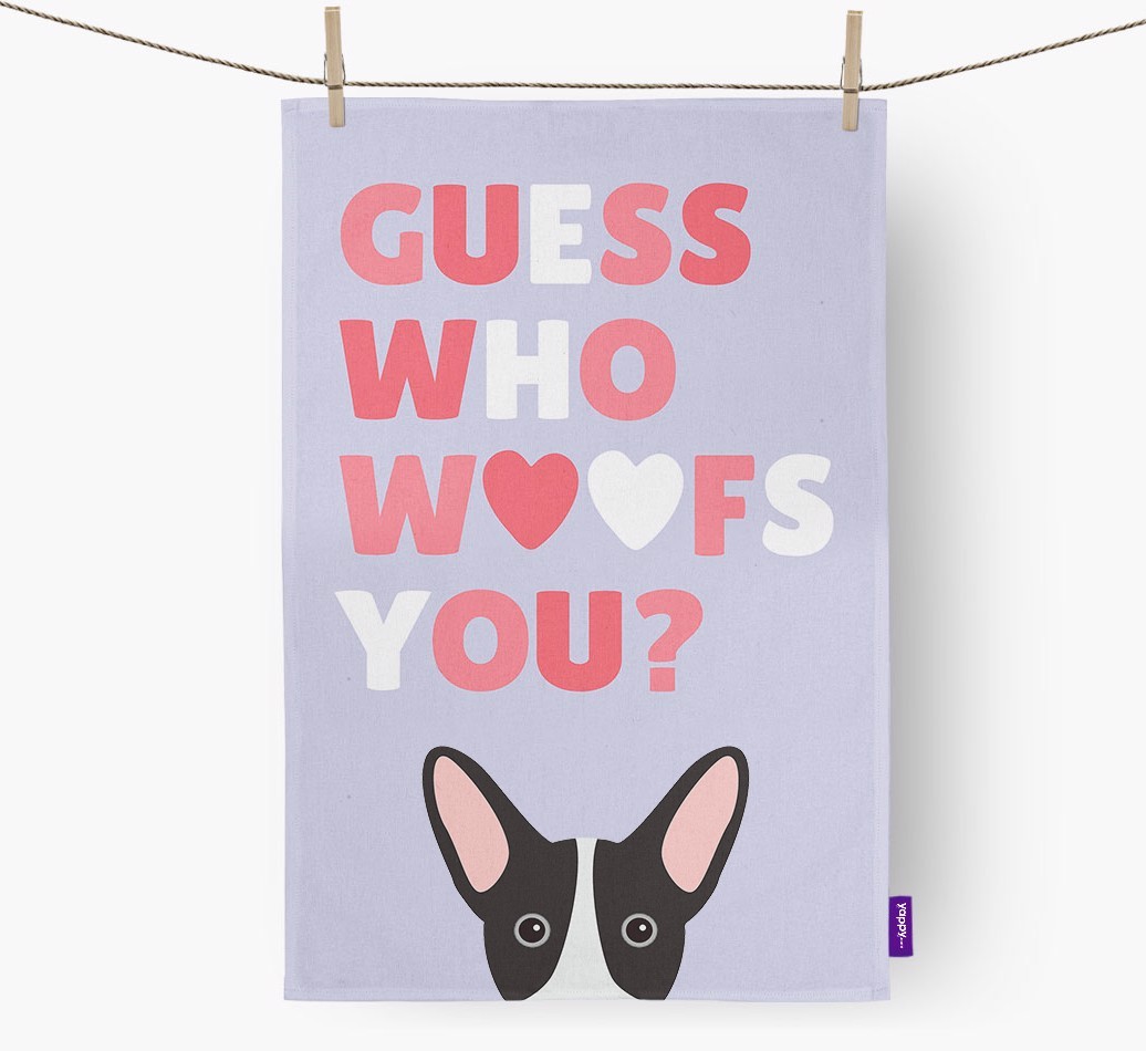 'Guess Who Woofs You?' Tea Towel with {breedFullName} Icon