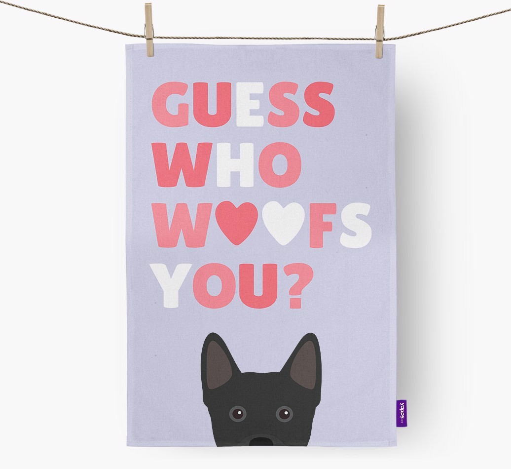 'Guess Who Woofs You?' Tea Towel with {breedFullName} Icon