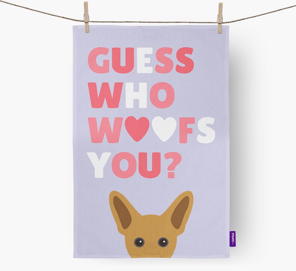 'Guess Who Woofs You?' Tea Towel with {breedFullName} Icon