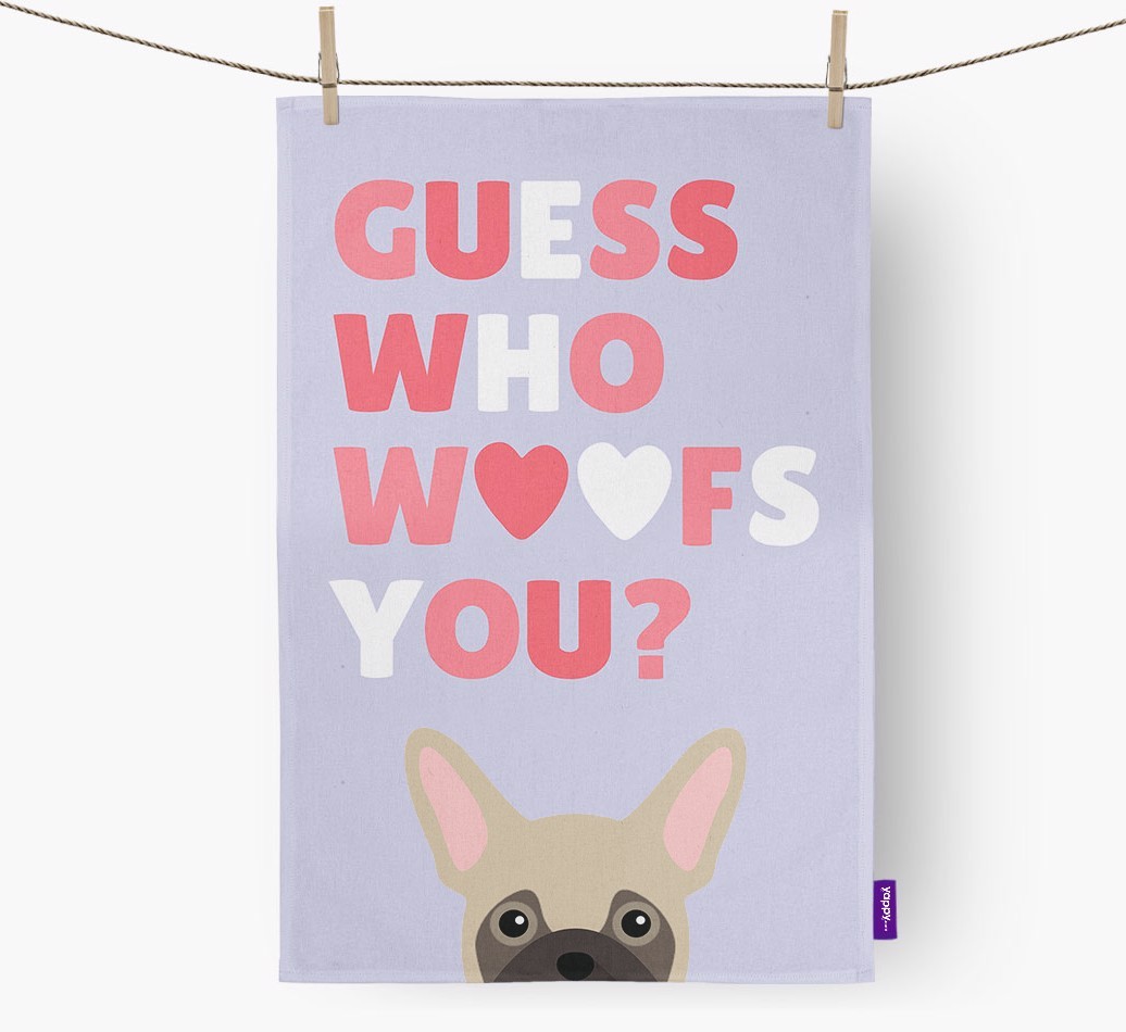 'Guess Who Woofs You?' Tea Towel with {breedFullName} Icon