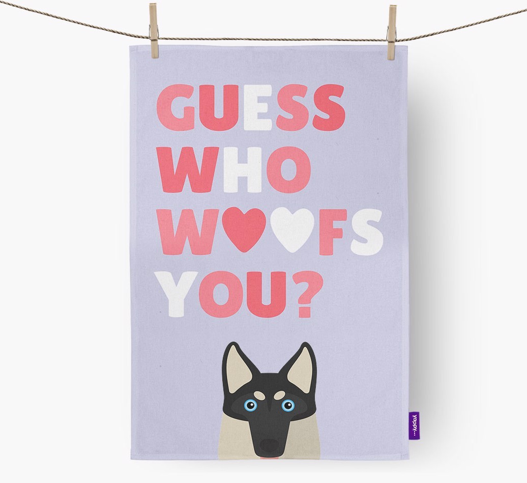 'Guess Who Woofs You?' Tea Towel with {breedFullName} Icon