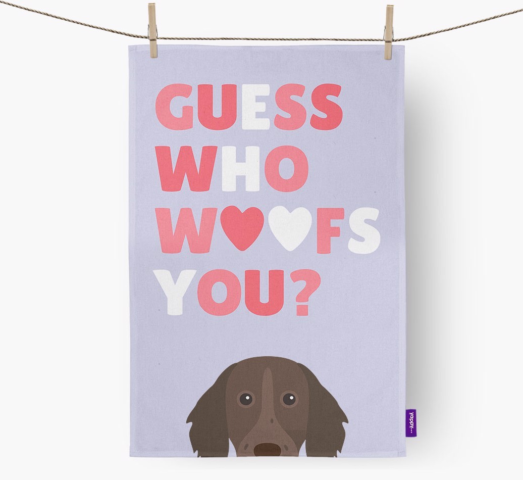 'Guess Who Woofs You?' Tea Towel with {breedFullName} Icon