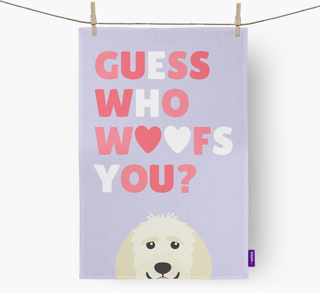 'Guess Who Woofs You?' Tea Towel with {breedFullName} Icon
