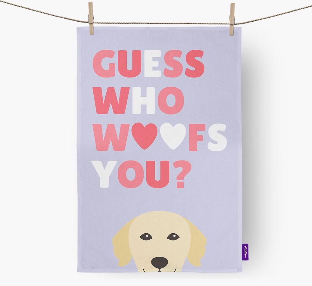 'Guess Who Woofs You?' Dish Towel with {breedFullName} Icon