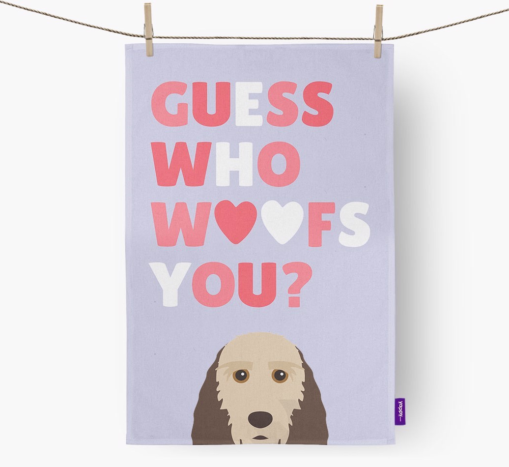 'Guess Who Woofs You?' Tea Towel with {breedFullName} Icon