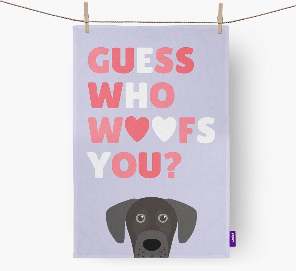 'Guess Who Woofs You?' Tea Towel with {breedFullName} Icon