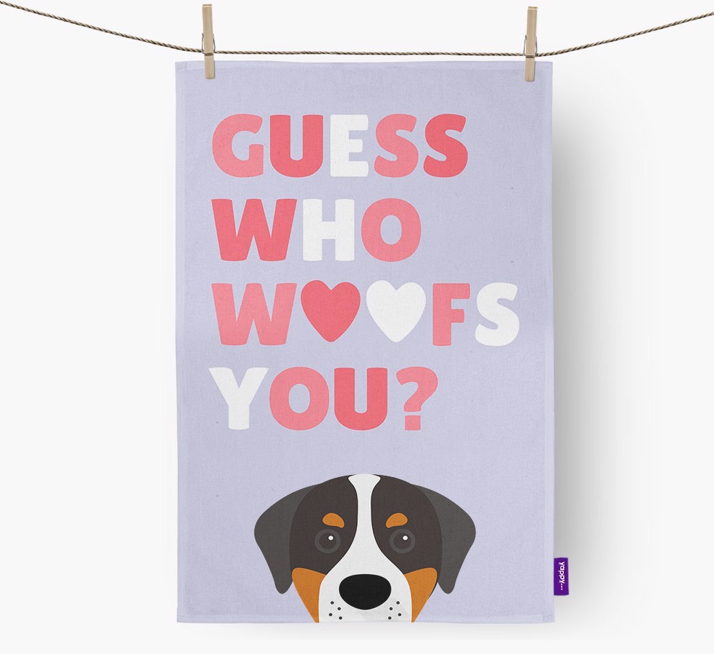 'Guess Who Woofs You?' Tea Towel with {breedFullName} Icon