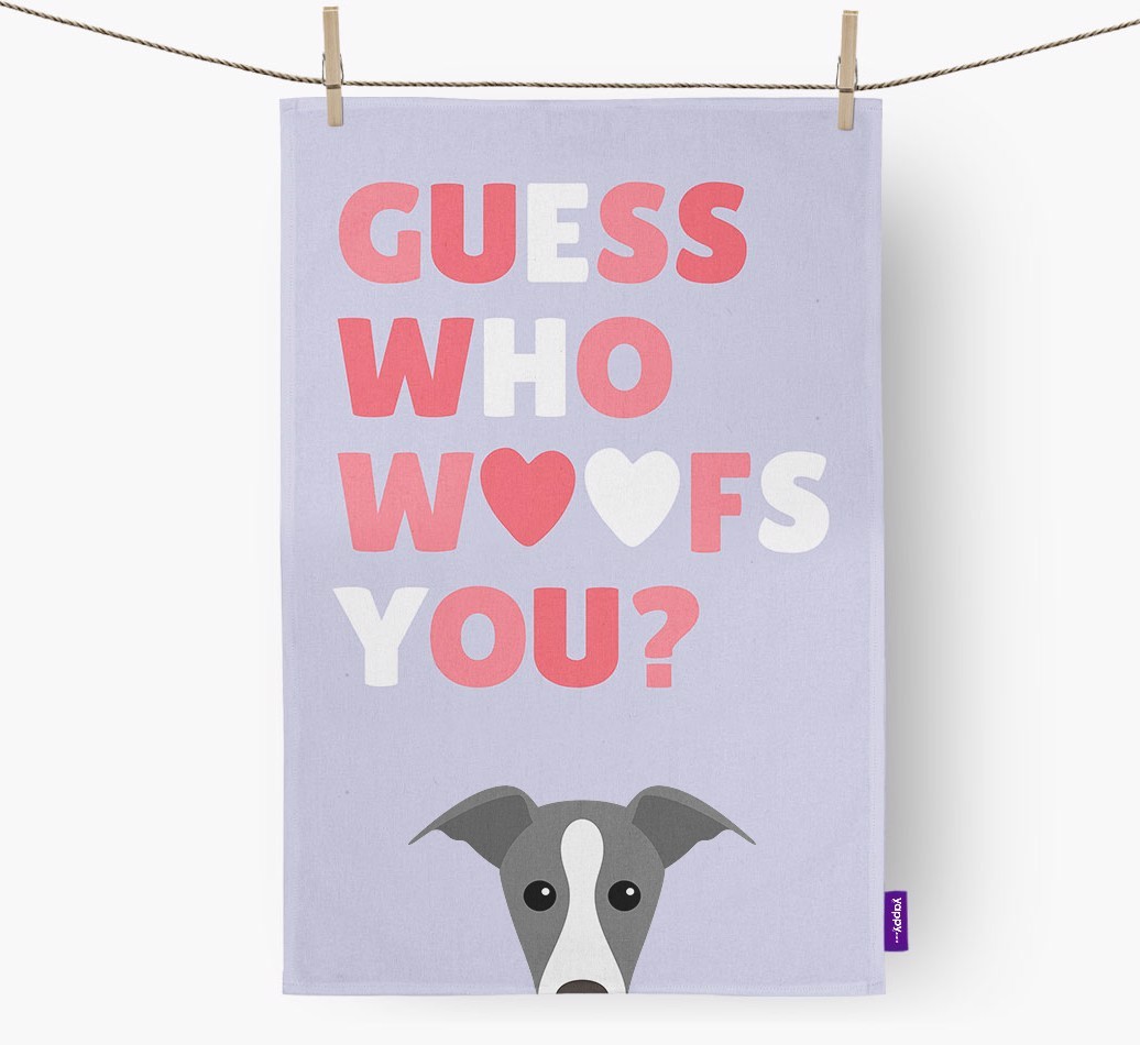 'Guess Who Woofs You?' Tea Towel with {breedFullName} Icon