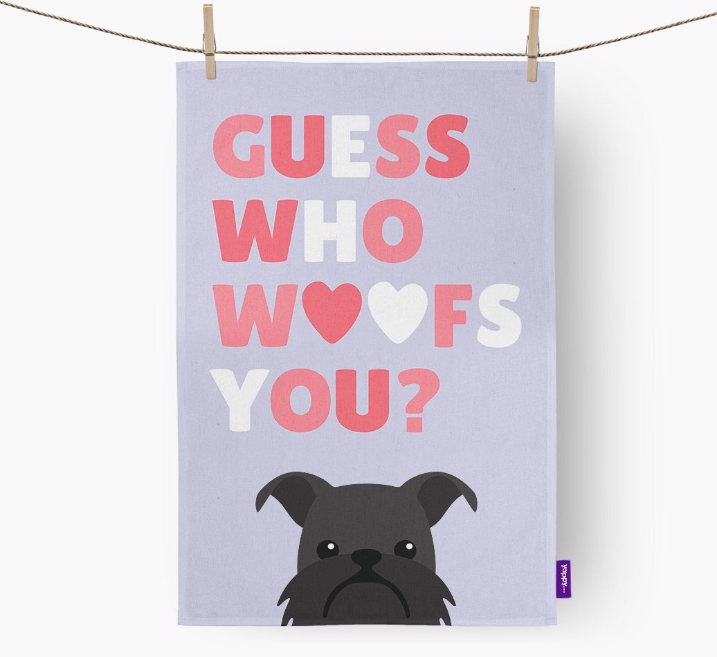 'Guess Who Woofs You?' Tea Towel with {breedFullName} Icon