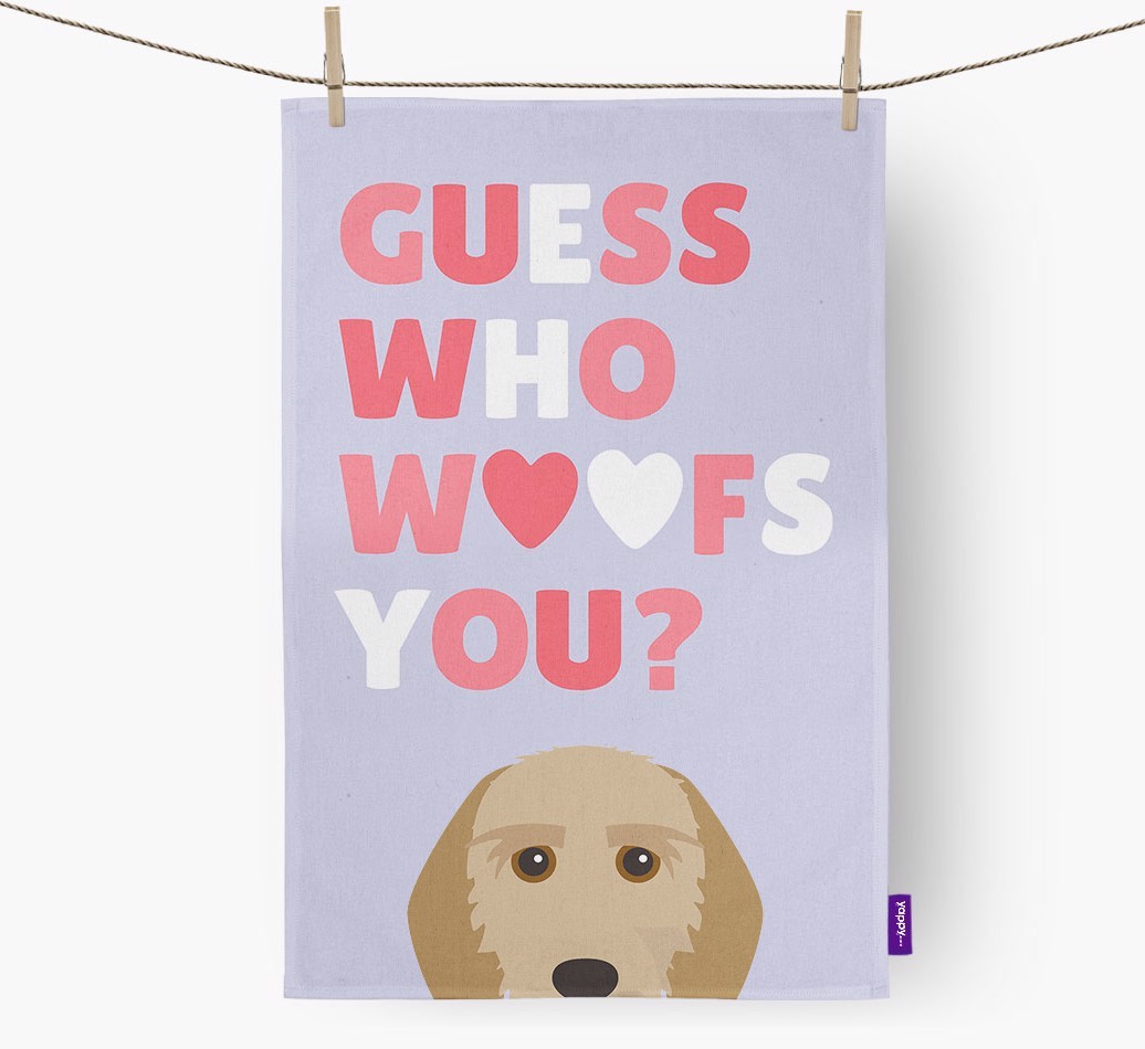 'Guess Who Woofs You?' Dish Towel with {breedFullName} Icon