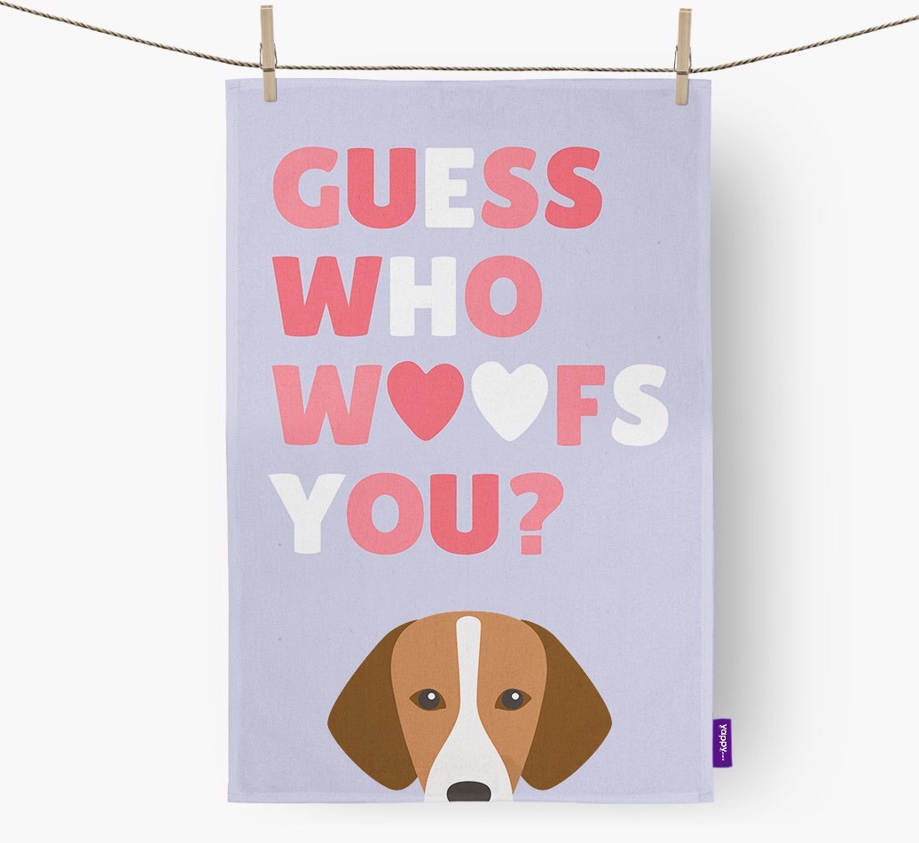 'Guess Who Woofs You?' Tea Towel with {breedFullName} Icon