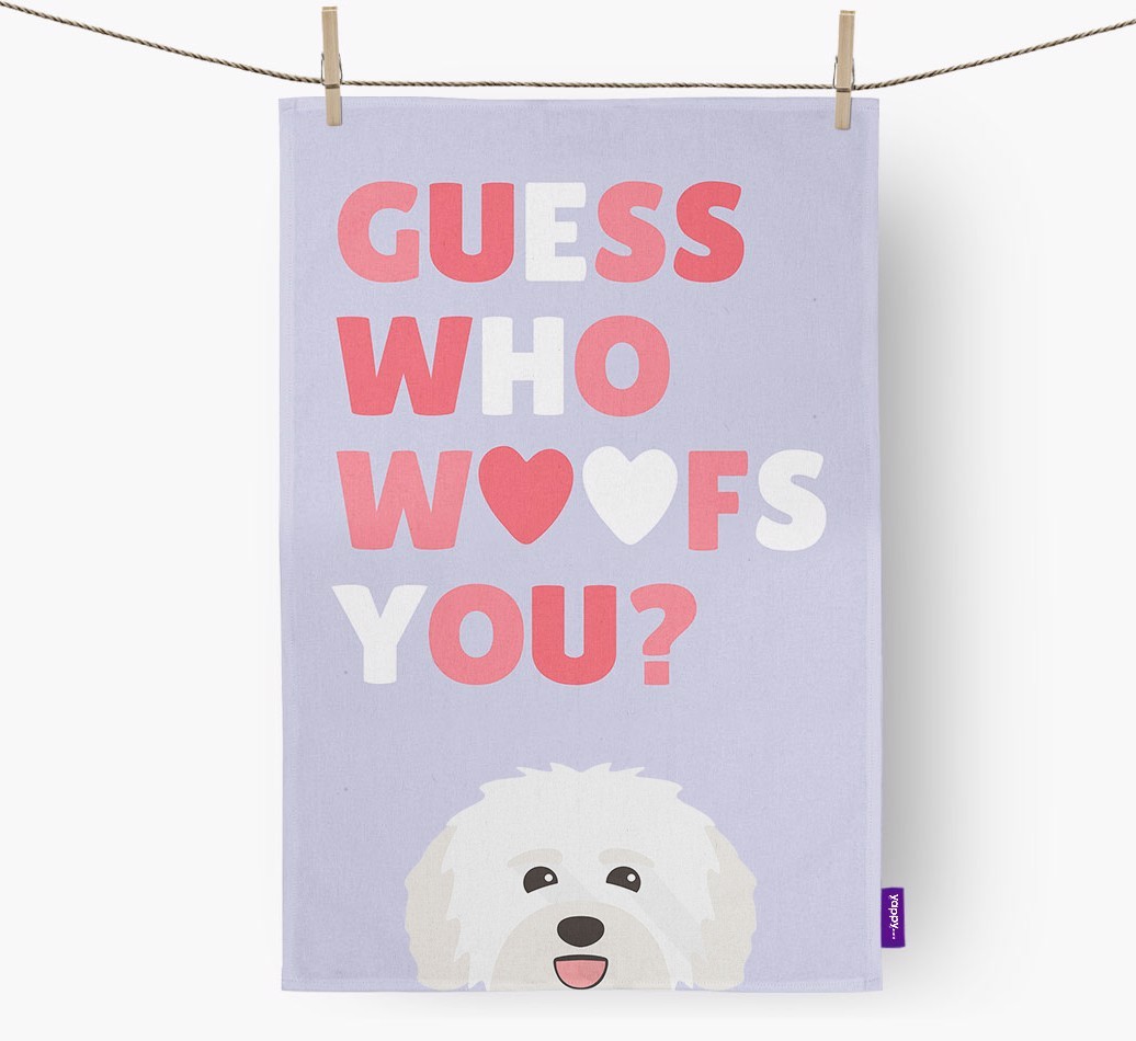 'Guess Who Woofs You?' Tea Towel with {breedFullName} Icon