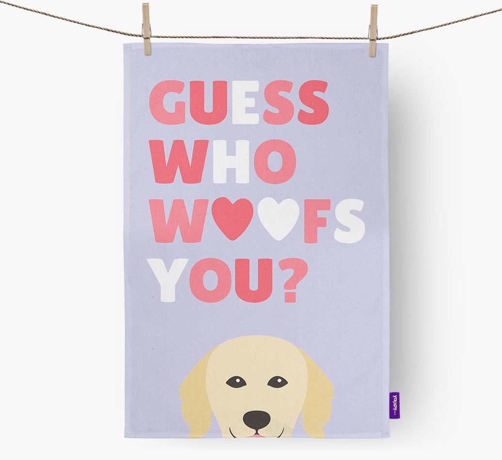 'Guess Who Woofs You?' Tea Towel with {breedFullName} Icon