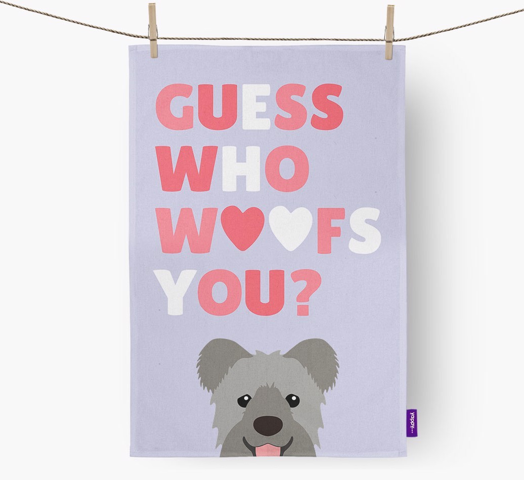 'Guess Who Woofs You?' Tea Towel with {breedFullName} Icon