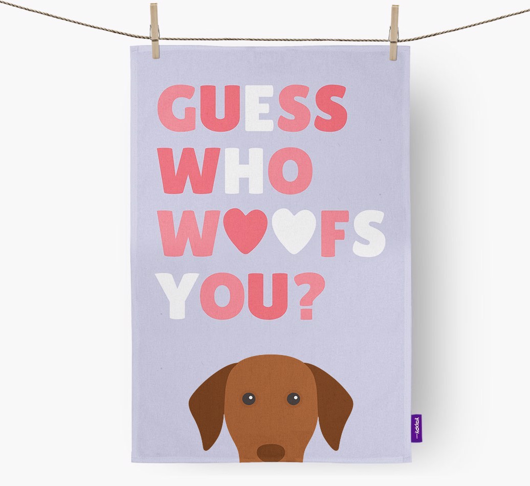 'Guess Who Woofs You?' Tea Towel with {breedFullName} Icon