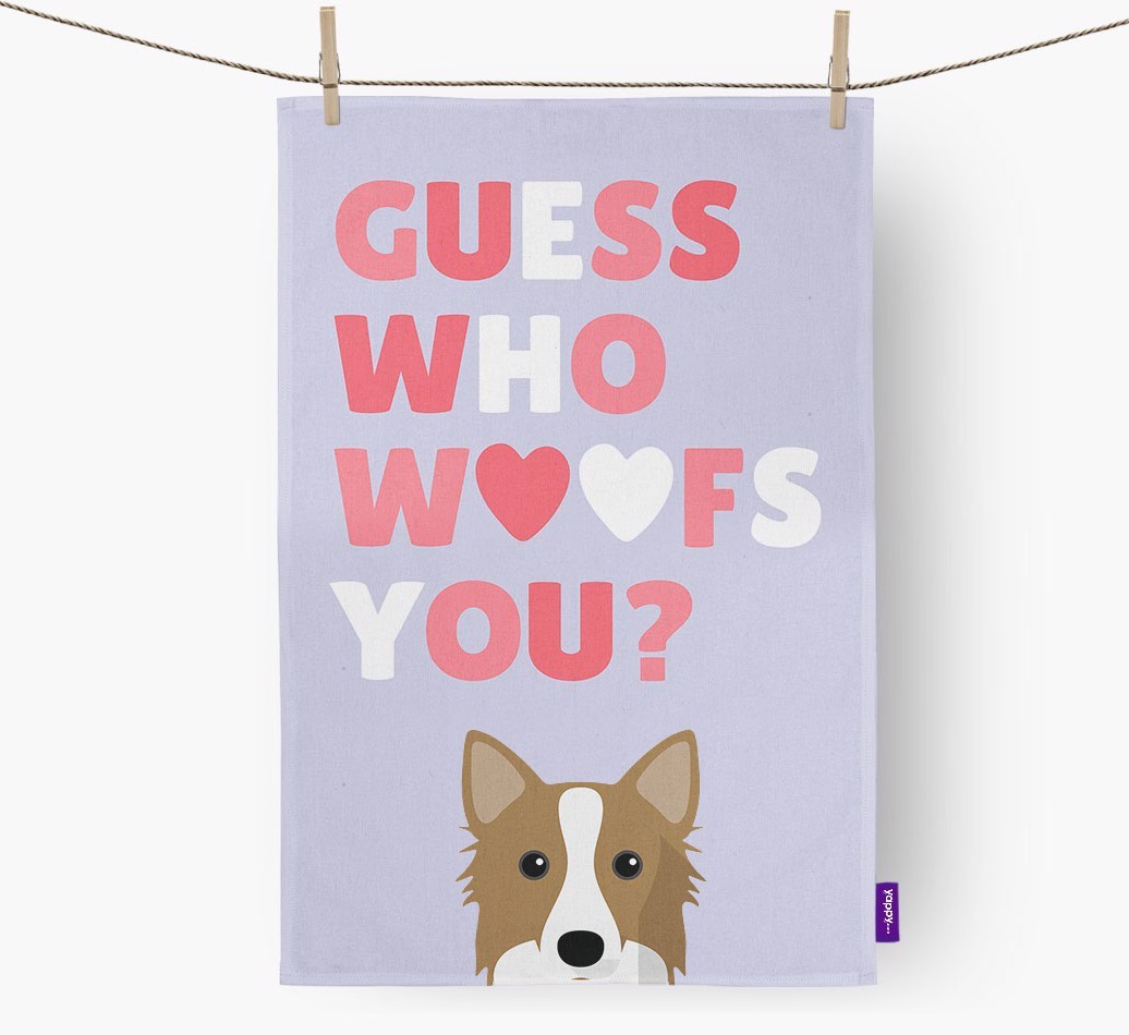 'Guess Who Woofs You?' Tea Towel with {breedFullName} Icon