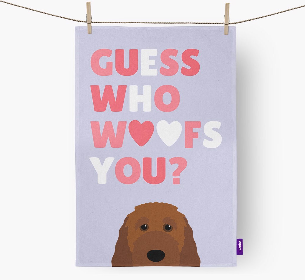 'Guess Who Woofs You?' Tea Towel with {breedFullName} Icon