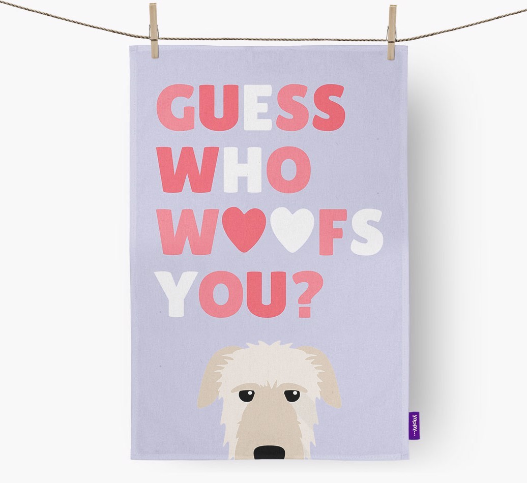 'Guess Who Woofs You?' Tea Towel with {breedFullName} Icon