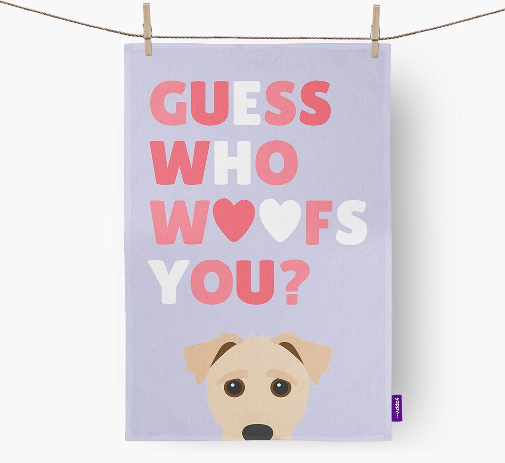 'Guess Who Woofs You?' Tea Towel with {breedFullName} Icon