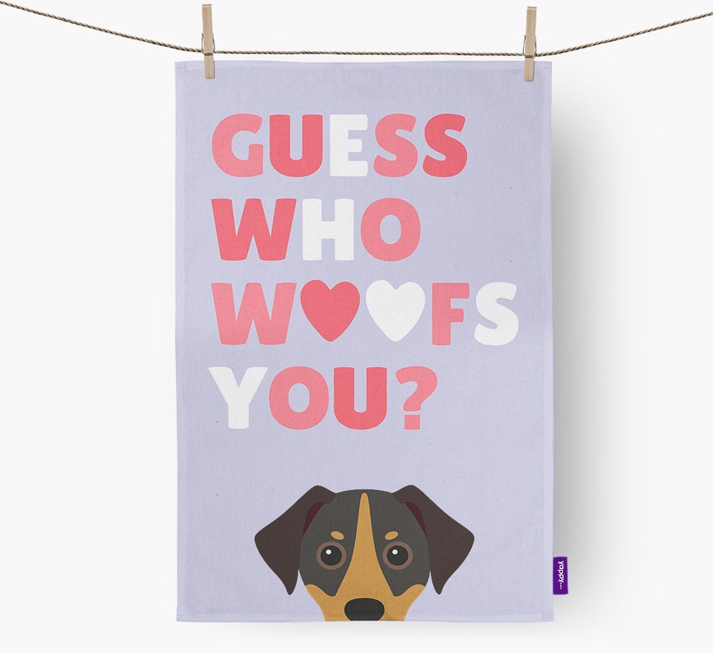 'Guess Who Woofs You?' Tea Towel with {breedFullName} Icon