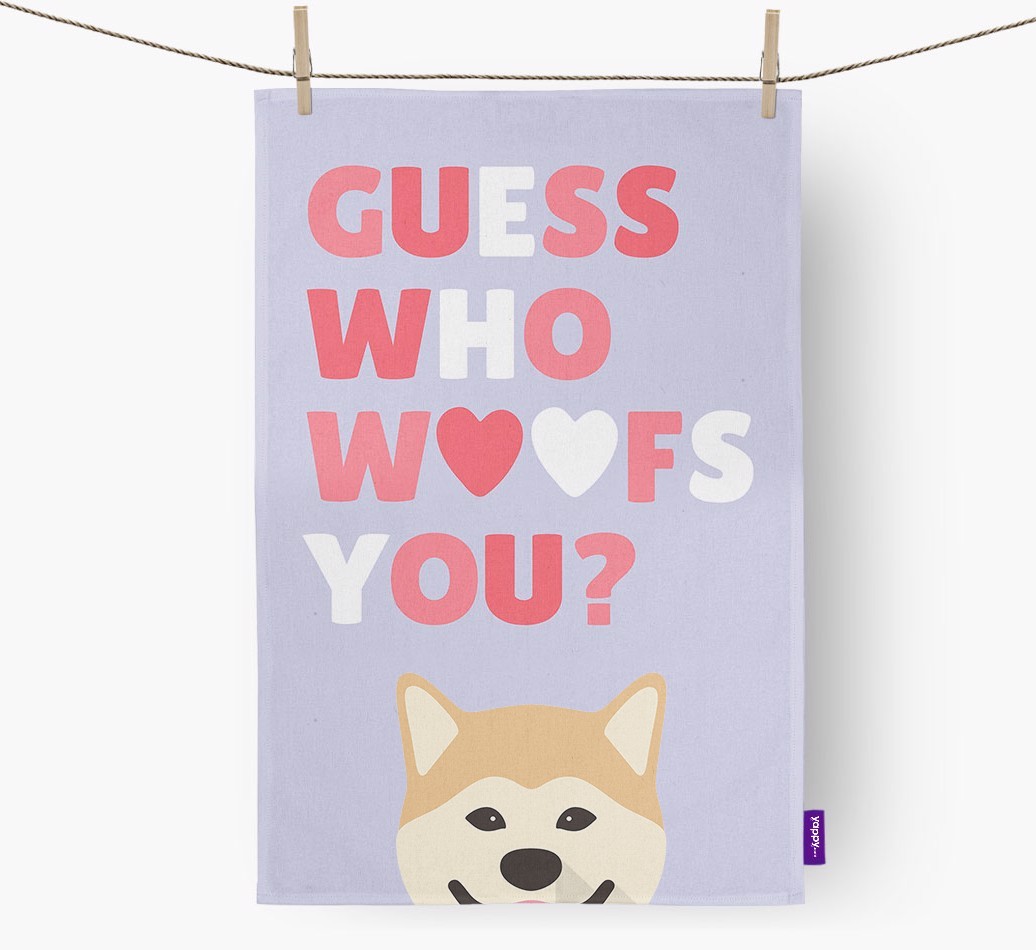 'Guess Who Woofs You?' Tea Towel with {breedFullName} Icon