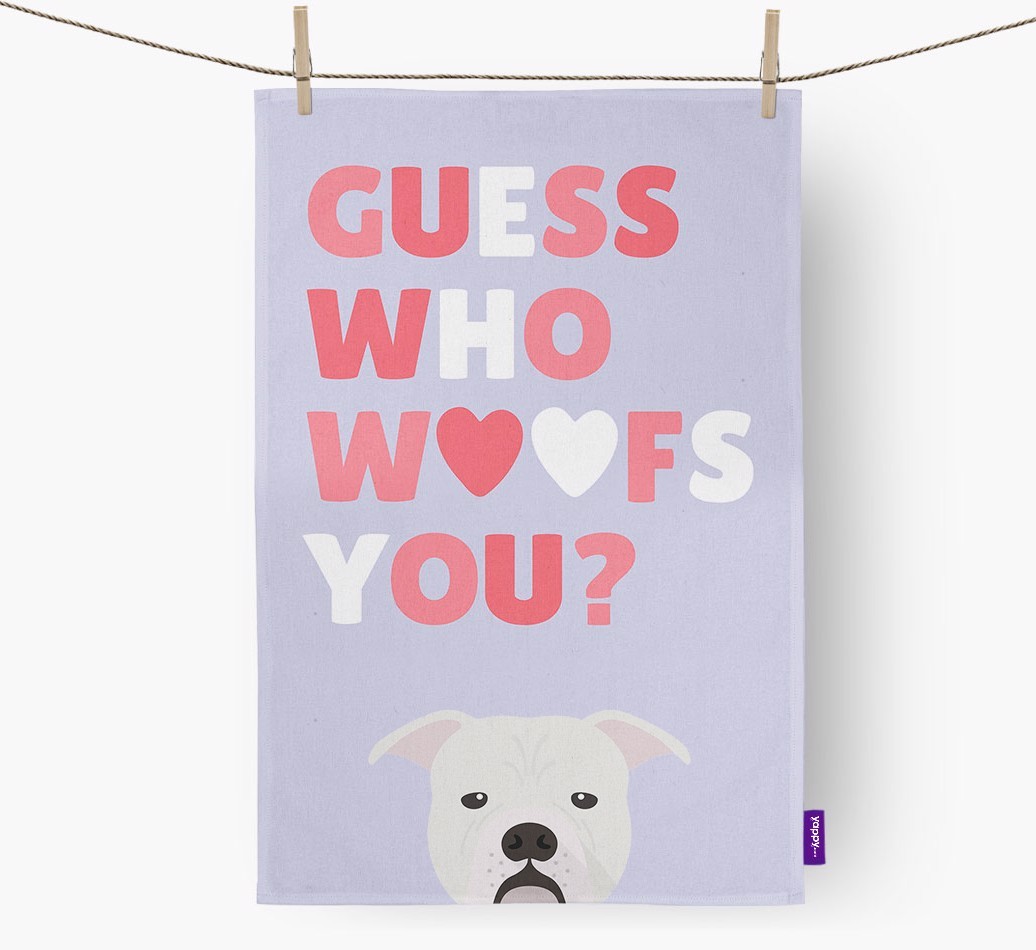 'Guess Who Woofs You?' Tea Towel with {breedFullName} Icon