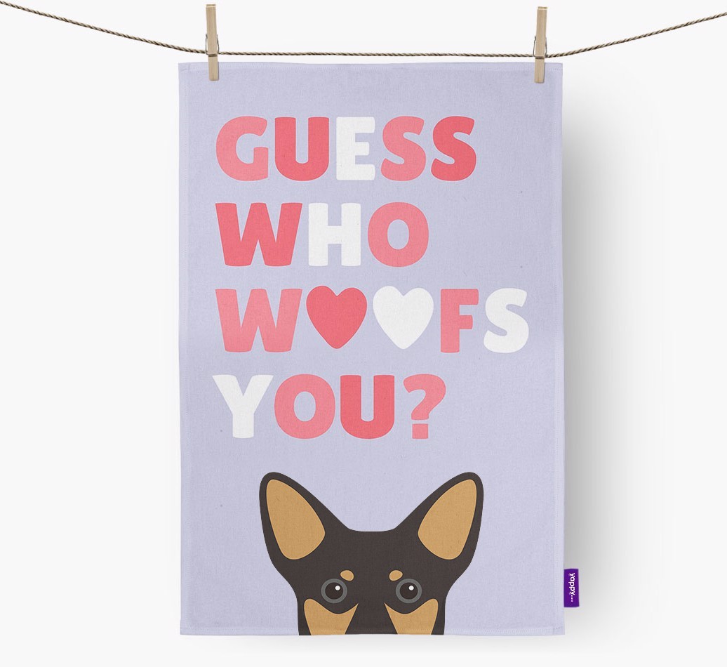 'Guess Who Woofs You?' Tea Towel with {breedFullName} Icon