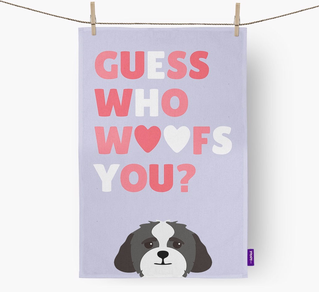 'Guess Who Woofs You?' Tea Towel with {breedFullName} Icon