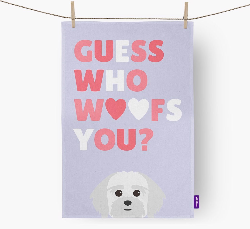 'Guess Who Woofs You?' Tea Towel with {breedFullName} Icon