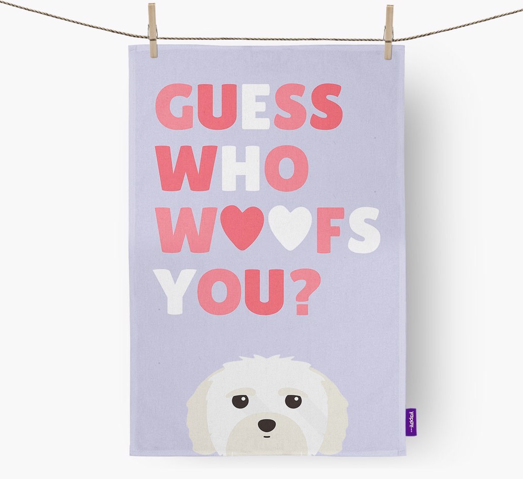 'Guess Who Woofs You?' Tea Towel with {breedFullName} Icon