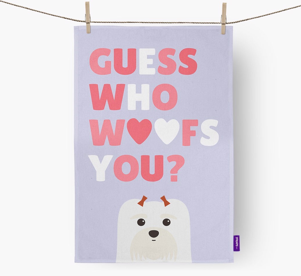 'Guess Who Woofs You?' Dish Towel with {breedFullName} Icon