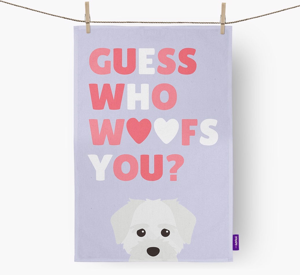 'Guess Who Woofs You?' Tea Towel with {breedFullName} Icon
