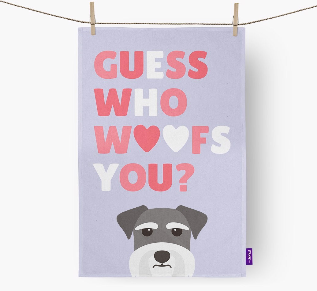 'Guess Who Woofs You?' Dish Towel with {breedFullName} Icon