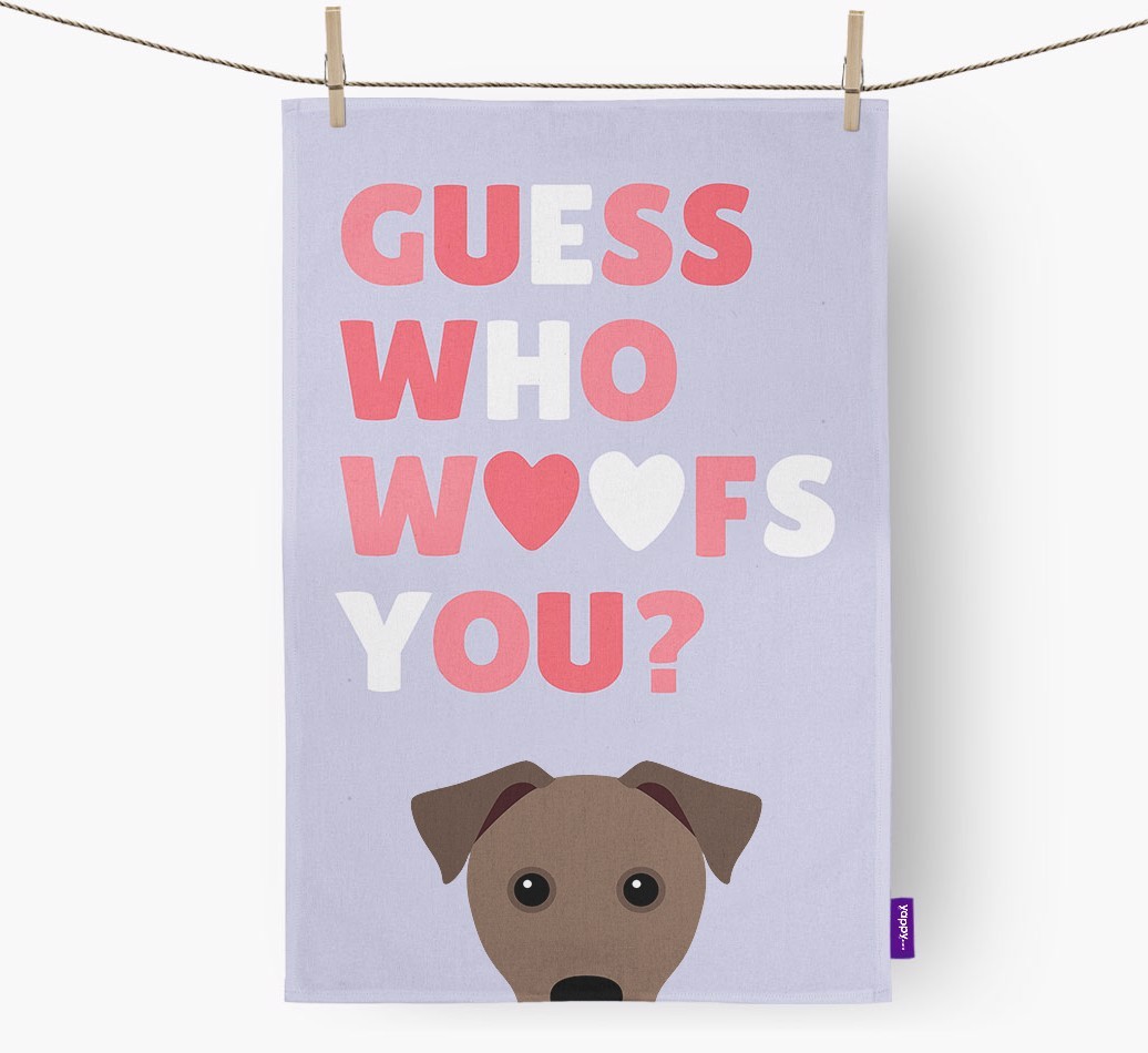 'Guess Who Woofs You?' Tea Towel with {breedFullName} Icon