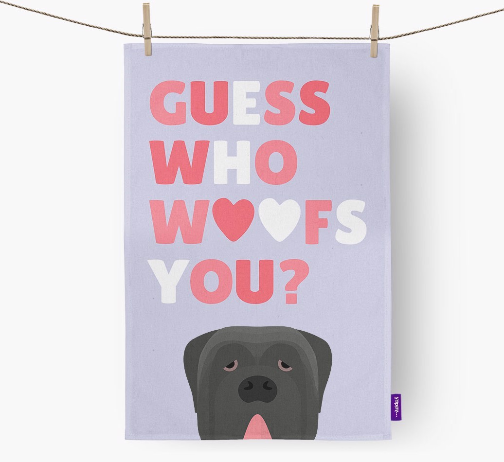 'Guess Who Woofs You?' Dish Towel with {breedFullName} Icon