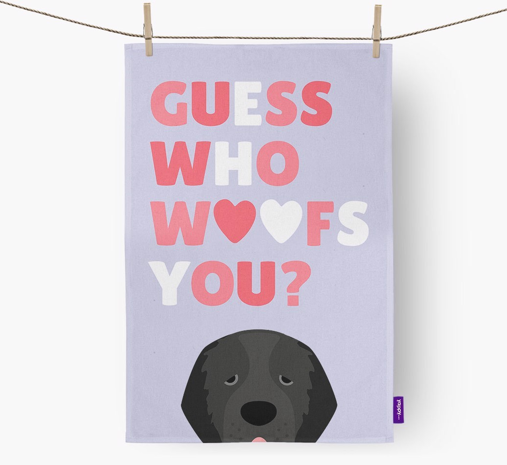 'Guess Who Woofs You?' Tea Towel with {breedFullName} Icon