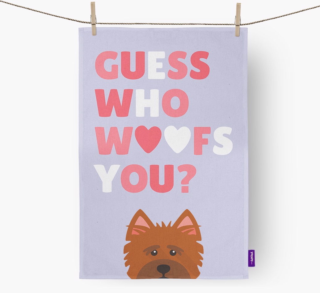 'Guess Who Woofs You?' Tea Towel with {breedFullName} Icon