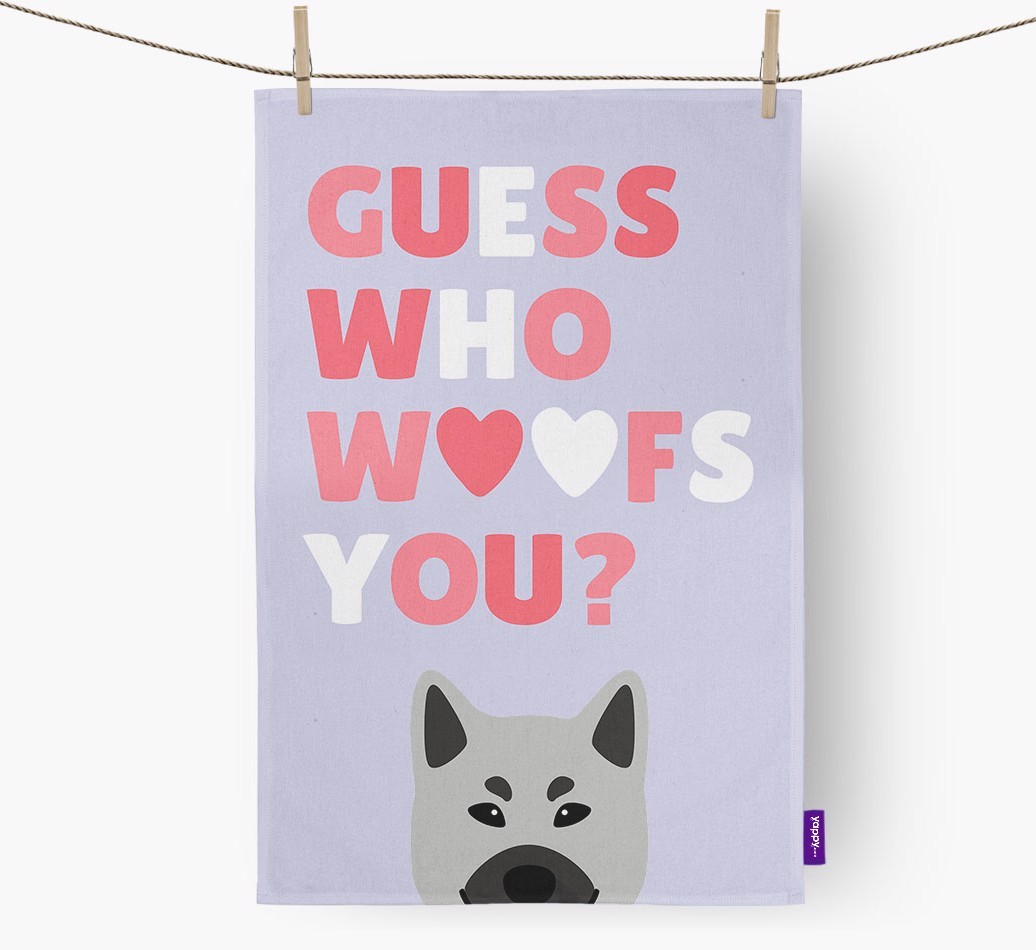 'Guess Who Woofs You?' Tea Towel with {breedFullName} Icon