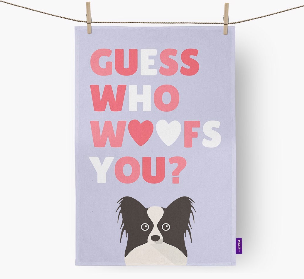 'Guess Who Woofs You?' Tea Towel with {breedFullName} Icon